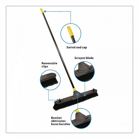 Bulldozer Smooth Surface Pushbroom with Scraper Block, 24 x 60, Powder Coated Handle, Split Tip Tampico Bristles, Black (633)