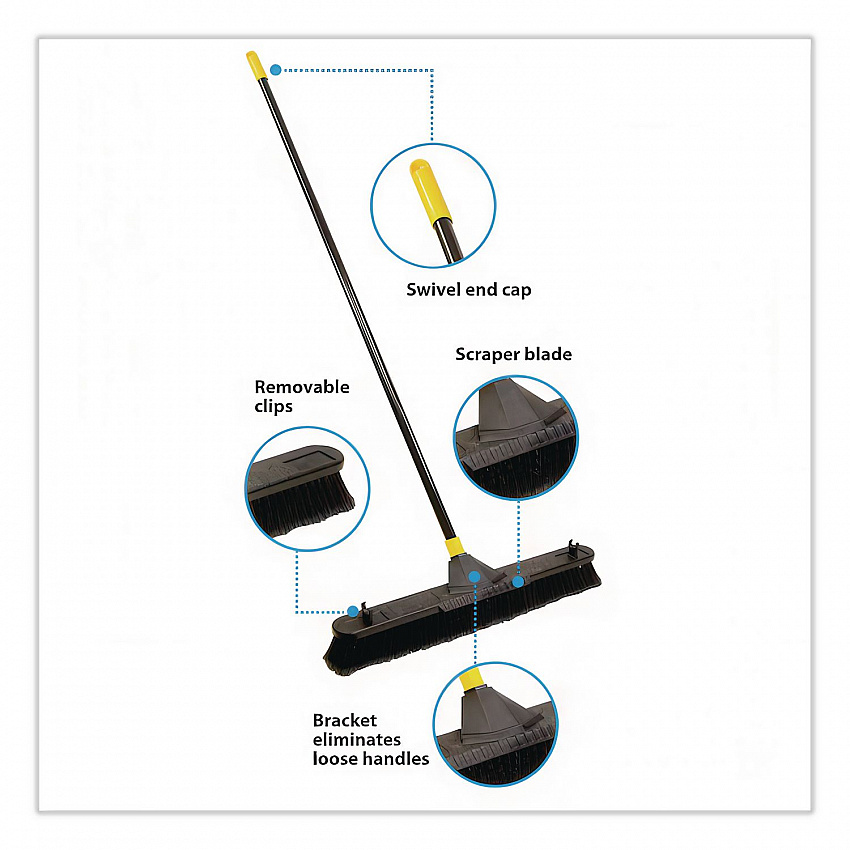 Bulldozer Smooth Surface Pushbroom with Scraper Block, 24 x 60, Powder Coated Handle, Split Tip Tampico Bristles, Black (633)