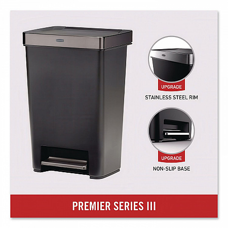 Premier Series III Step-On Waste Container, 12.4 gal, Plastic, Black/Stainless Steel (2120983)