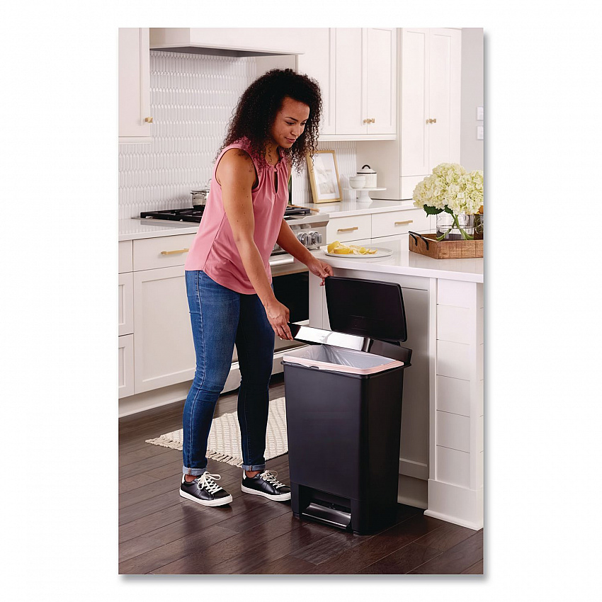 Premier Series III Step-On Waste Container, 12.4 gal, Plastic, Black/Stainless Steel (2120983)