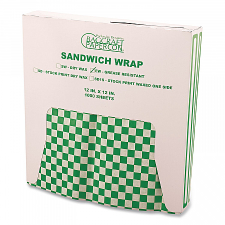 Grease-Resistant Paper Wraps and Liners, 12 x 12, Green Check, 1,000/Box, 5 Boxes/Carton (057950)