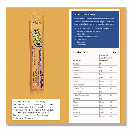 Sugar-Free Qwik Stik Energy Drink Mix, Orange, 1.26 oz Packet, 50/Pack (060100OR)