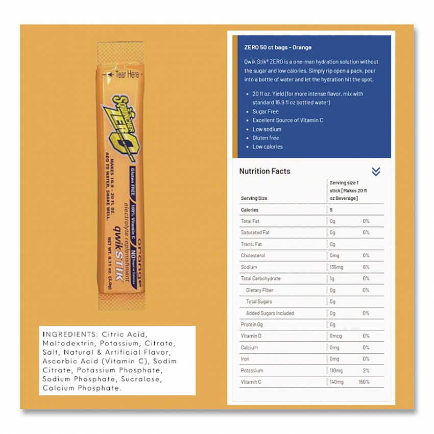 Sugar-Free Qwik Stik Energy Drink Mix, Orange, 1.26 oz Packet, 50/Pack (060100OR)