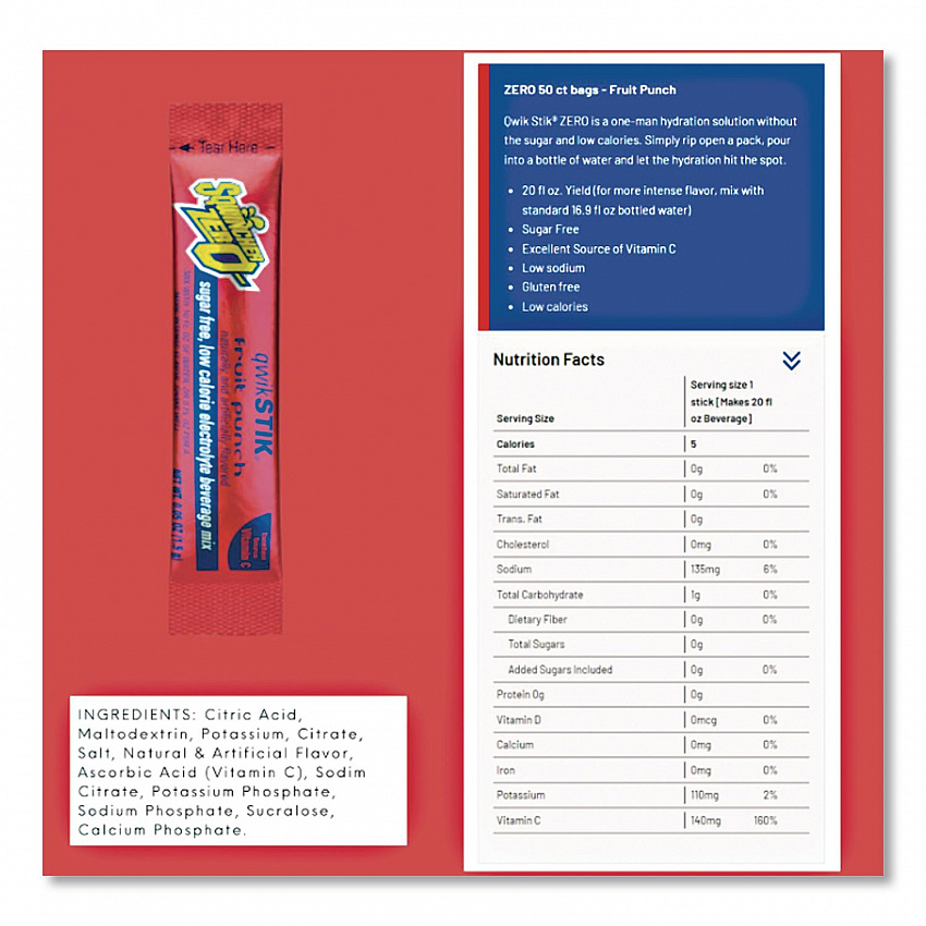 Sugar-Free Qwik Stik Energy Drink Mix, Fruit Punch, 1.26 oz Packet, 50/Pack (060102FP)
