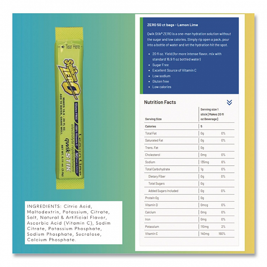 Sugar-Free Qwik Stik Energy Drink Mix, Lemonade, 1.26 oz Packet, 50/Pack (060103LA)