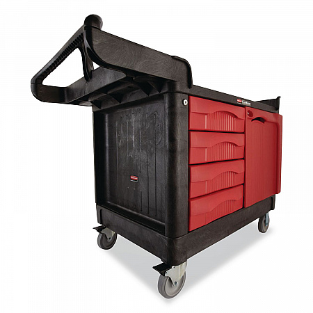 TradeMaster Cart with One Door, Plastic, 3 Shelves, 4 Drawers, 750 lb Capacity, 26.25