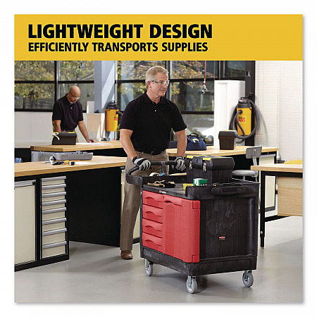 TradeMaster Cart with One Door, Plastic, 3 Shelves, 4 Drawers, 750 lb Capacity, 26.25