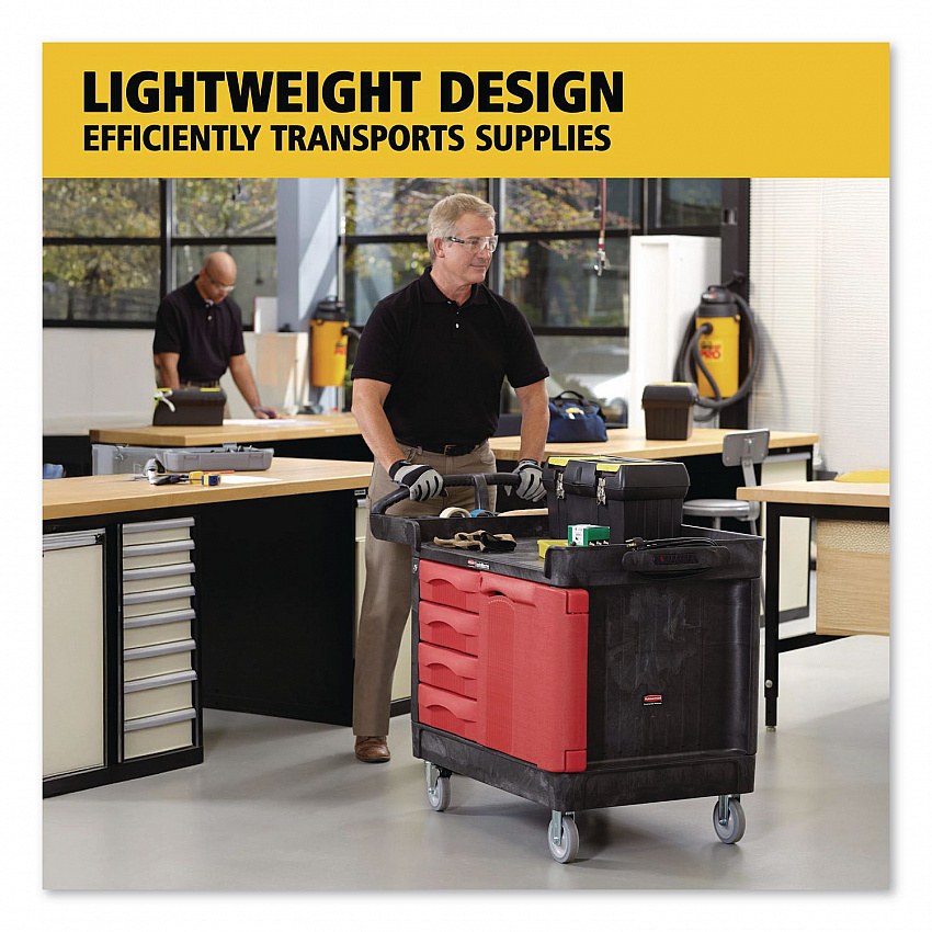 TradeMaster Cart with One Door, Plastic, 3 Shelves, 4 Drawers, 750 lb Capacity, 26.25" x 49" x 38", Black (453388BLA)