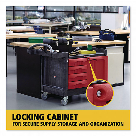 TradeMaster Cart with One Door, Plastic, 3 Shelves, 4 Drawers, 750 lb Capacity, 26.25