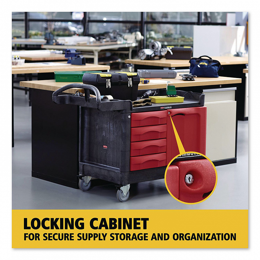 TradeMaster Cart with One Door, Plastic, 3 Shelves, 4 Drawers, 750 lb Capacity, 26.25" x 49" x 38", Black (453388BLA)