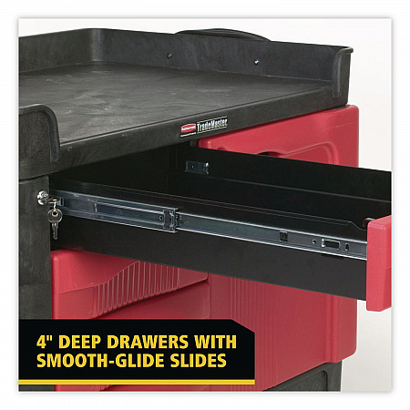 TradeMaster Cart with One Door, Plastic, 3 Shelves, 4 Drawers, 750 lb Capacity, 26.25