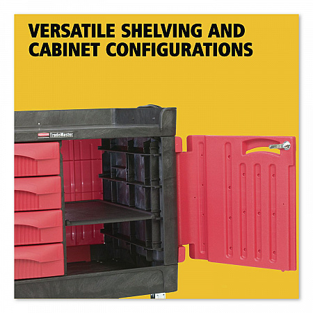 TradeMaster Cart with One Door, Plastic, 3 Shelves, 4 Drawers, 750 lb Capacity, 26.25
