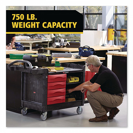 TradeMaster Cart with One Door, Plastic, 3 Shelves, 4 Drawers, 750 lb Capacity, 26.25