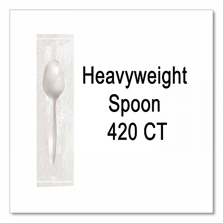 Elegant Dinnerware Heavyweight Cutlery, Individually Wrapped, Spoon, Plastic, White, 420/Box (90187)