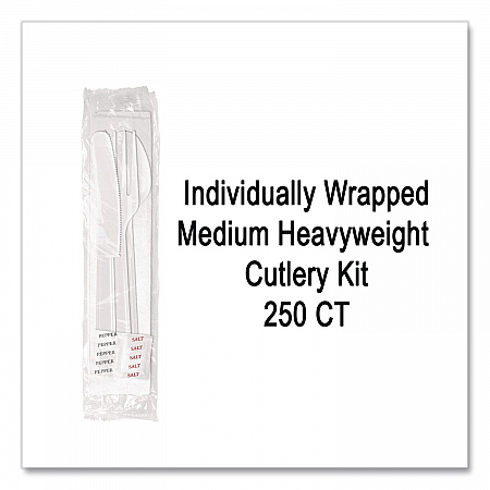 Medium Heavyweight Cutlery Kit, Fork/Knife/Napkin/Pepper/Salt/Spoon, Plastic, White, 250/Carton (1181239)