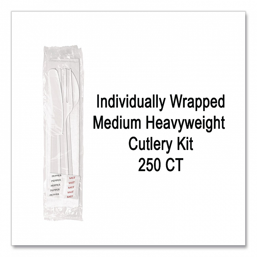 Medium Heavyweight Cutlery Kit, Fork/Knife/Napkin/Pepper/Salt/Spoon, Plastic, White, 250/Carton (1181239)