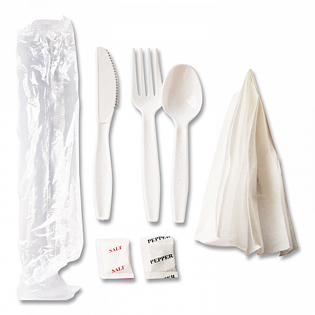 Medium Heavyweight Cutlery Kit, Fork/Knife/Napkin/Pepper/Salt/Spoon, Plastic, White, 250/Carton (1181239)
