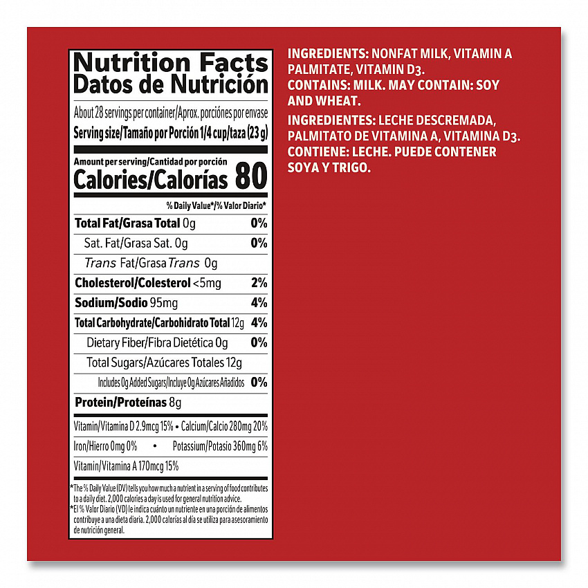 Instant Nonfat Dry Milk, Unsweetened, 8.5 lb Canister, 6/Carton (73249)