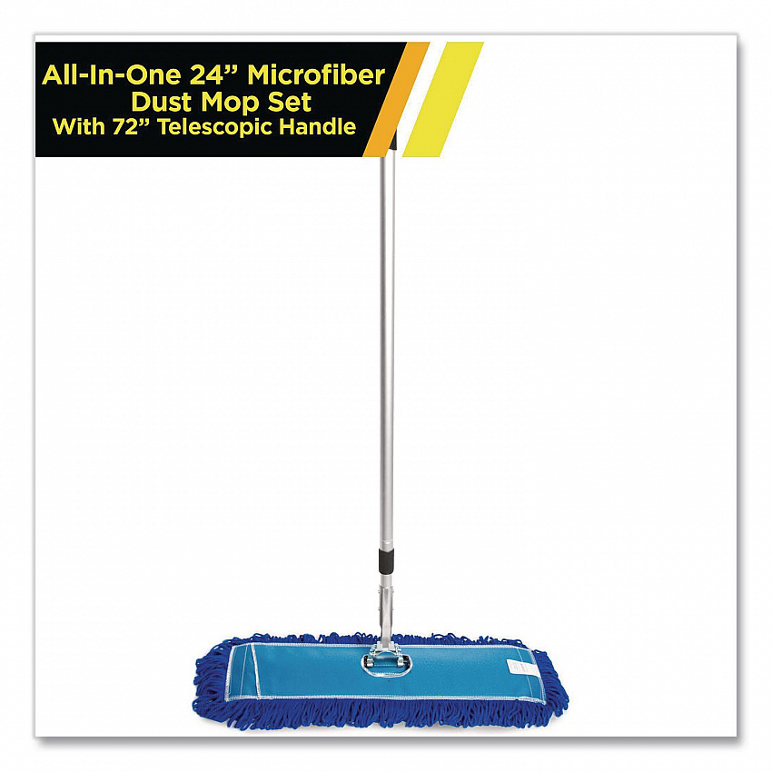 All-In-One 24" Microfiber Dust Mop Set with Telescopic Handle, 24 x 5, Blue, Microfiber Head, 72" Silver Aluminum Handle (GRI17424T)