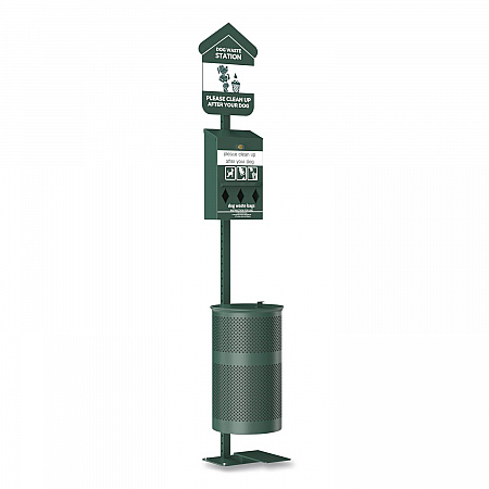 Pet Waste Station Kit with Foot Pedal, Roll Bag Locking Dispenser, 11.5 Gallon Trash Can, Pole, and Glow-in-the-Dark Sign (FLO11RSG)