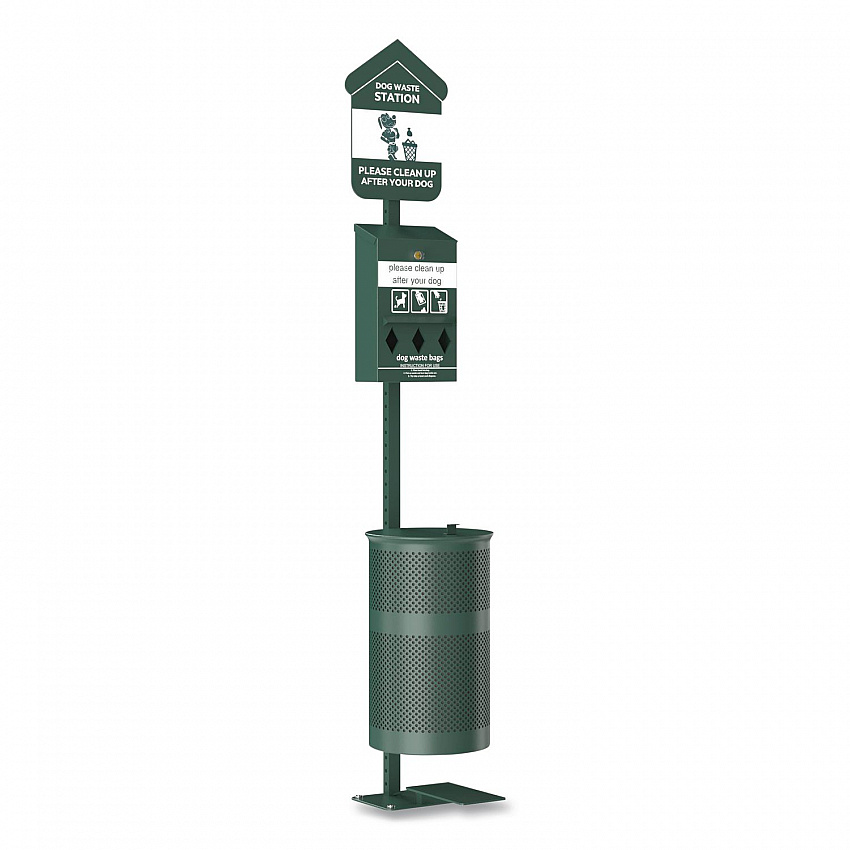 Pet Waste Station Kit with Foot Pedal, Roll Bag Locking Dispenser, 11.5 Gallon Trash Can, Pole, and Glow-in-the-Dark Sign (FLO11RSG)