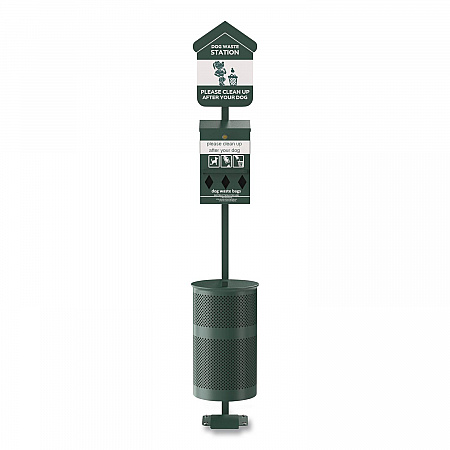 Pet Waste Station Kit with Foot Pedal, Roll Bag Locking Dispenser, 11.5 Gallon Trash Can, Pole, and Glow-in-the-Dark Sign (FLO11RSG)