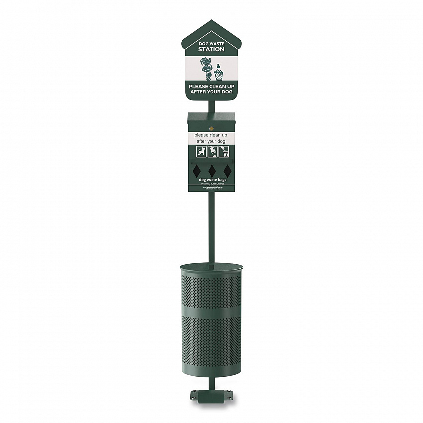 Pet Waste Station Kit with Foot Pedal, Roll Bag Locking Dispenser, 11.5 Gallon Trash Can, Pole, and Glow-in-the-Dark Sign (FLO11RSG)