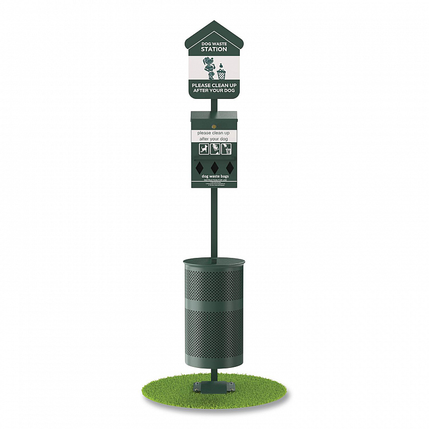 Pet Waste Station Kit with Foot Pedal, Roll Bag Locking Dispenser, 11.5 Gallon Trash Can, Pole, and Glow-in-the-Dark Sign (FLO11RSG)