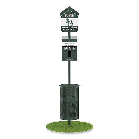 Pet Waste Station Kit with Header Bag Locking Dispenser, 11.5 Gallon Round Lidded Trash Can, Pole, and Glow-in-the-Dark Sign (FLO1HSG)