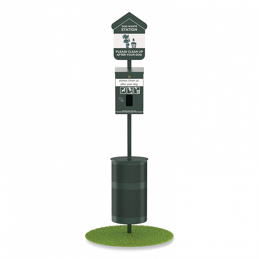 Pet Waste Station Kit with Header Bag Locking Dispenser, 11.5 Gallon Round Lidded Trash Can, Pole, and Glow-in-the-Dark Sign (FLO1HSG)
