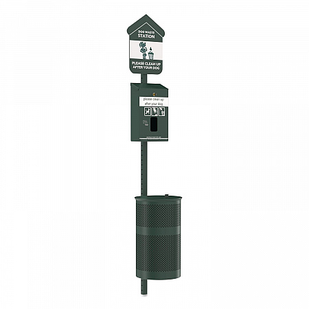 Pet Waste Station Kit with Header Bag Locking Dispenser, 11.5 Gallon Round Lidded Trash Can, Pole, and Glow-in-the-Dark Sign (FLO1HSG)