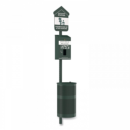 Pet Waste Station Kit with Header Bag Locking Dispenser, 11.5 Gallon Round Lidded Trash Can, Pole, and Glow-in-the-Dark Sign (FLO1HSG)