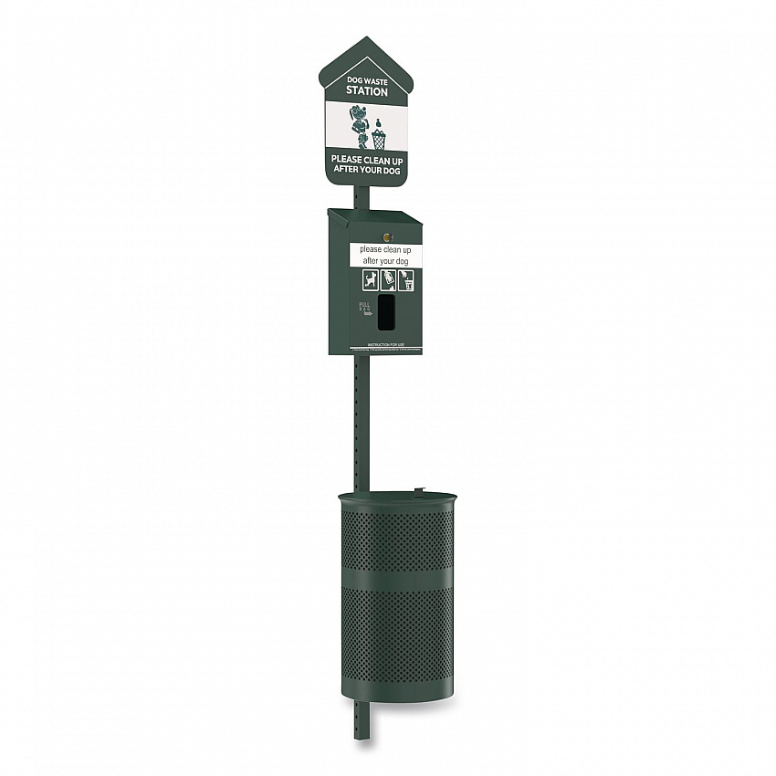 Pet Waste Station Kit with Header Bag Locking Dispenser, 11.5 Gallon Round Lidded Trash Can, Pole, and Glow-in-the-Dark Sign (FLO1HSG)