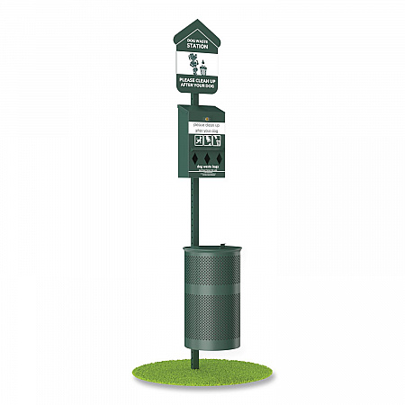 Pet Waste Station Kit with Roll Bag Locking Dispenser, 11.5 Gallon Round Lidded Trash Can, Pole, and Glow-in-the-Dark Sign (FLO1RSG)