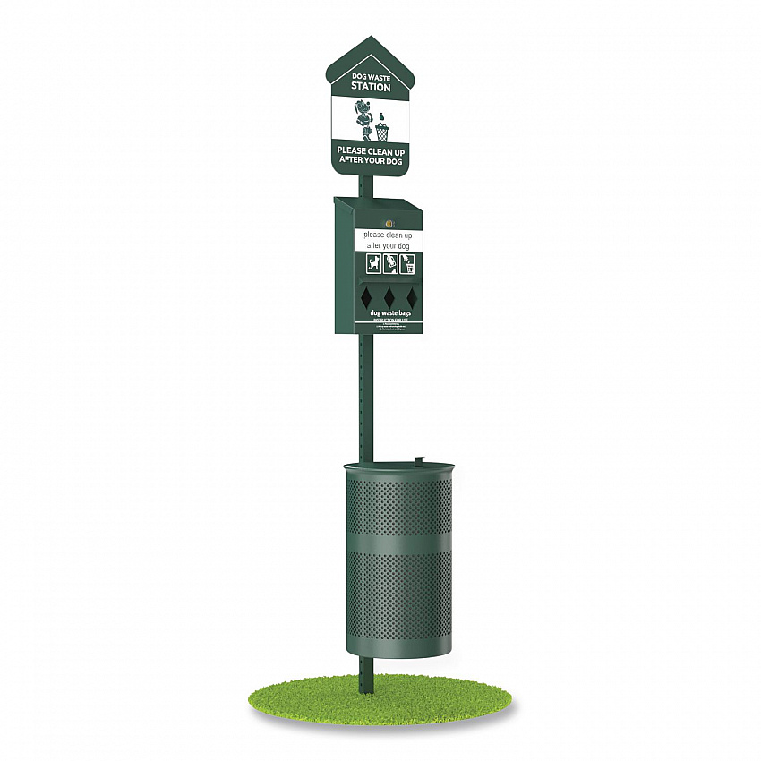 Pet Waste Station Kit with Roll Bag Locking Dispenser, 11.5 Gallon Round Lidded Trash Can, Pole, and Glow-in-the-Dark Sign (FLO1RSG)