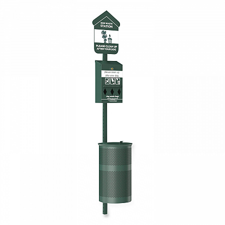 Pet Waste Station Kit with Roll Bag Locking Dispenser, 11.5 Gallon Round Lidded Trash Can, Pole, and Glow-in-the-Dark Sign (FLO1RSG)