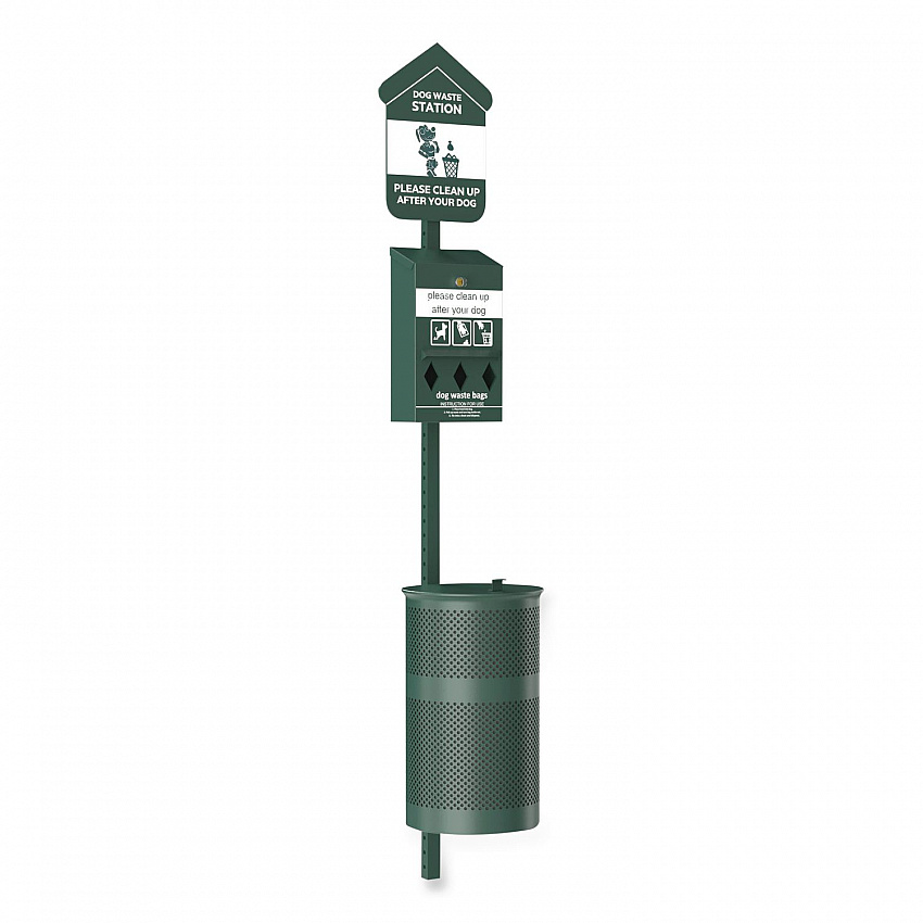 Pet Waste Station Kit with Roll Bag Locking Dispenser, 11.5 Gallon Round Lidded Trash Can, Pole, and Glow-in-the-Dark Sign (FLO1RSG)