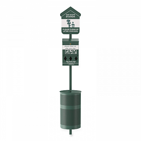 Pet Waste Station Kit with Roll Bag Locking Dispenser, 11.5 Gallon Round Lidded Trash Can, Pole, and Glow-in-the-Dark Sign (FLO1RSG)