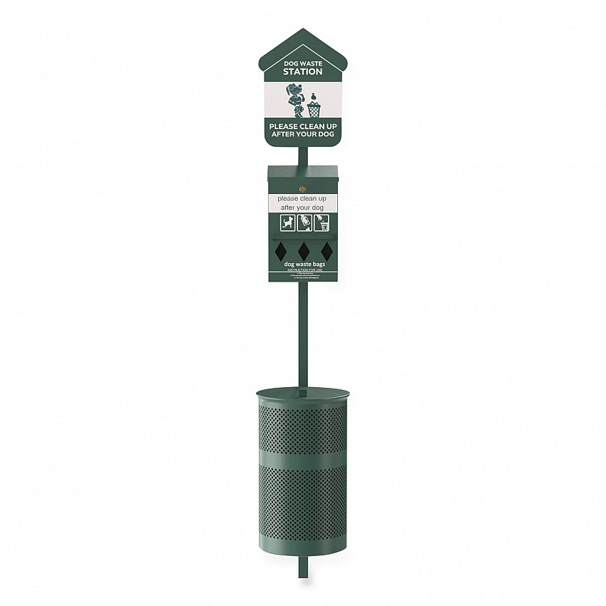 Pet Waste Station Kit with Roll Bag Locking Dispenser, 11.5 Gallon Round Lidded Trash Can, Pole, and Glow-in-the-Dark Sign (FLO1RSG)