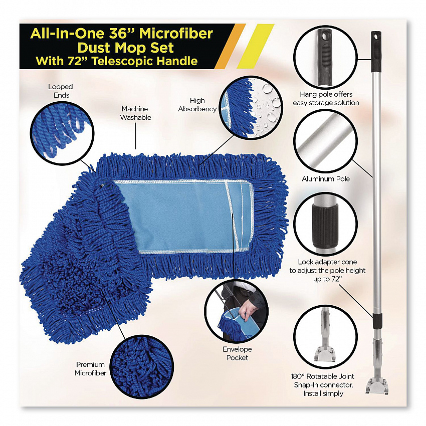 All-In-One Microfiber Dust Mop Set with Telescopic Handle, 36 x 5, Blue Microfiber Head, 40" to 72" Silver Aluminum Handle (GRI17436T)