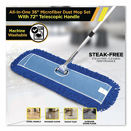 All-In-One Microfiber Dust Mop Set with Telescopic Handle, 36 x 5, Blue Microfiber Head, 40