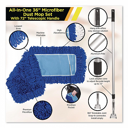 All-In-One Microfiber Dust Mop Set with Telescopic Handle, 36 x 5, Blue Microfiber Head, 72