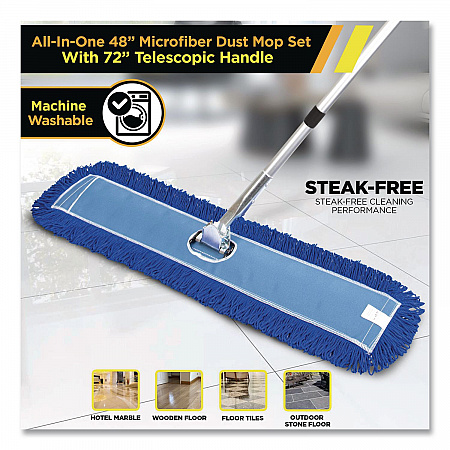 All-In-One Microfiber Dust Mop Set with Telescopic Handle, 48 x 5, Blue Microfiber Head, 72