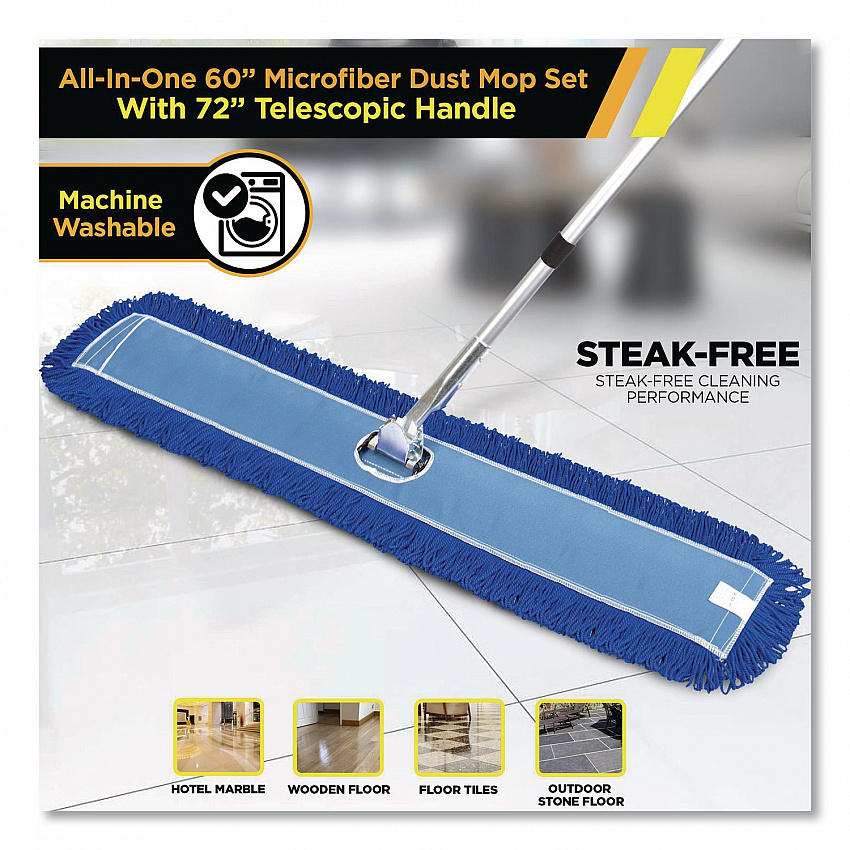 All-In-One Microfiber Dust Mop Set with Telescopic Handle, 60 x 5, Blue Microfiber Head, 40" to 72" Silver Aluminum Handle (GRI17460T)