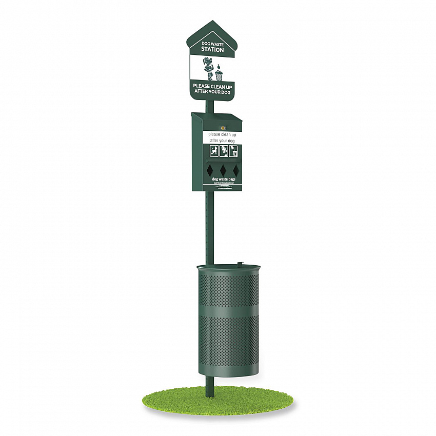 Pet Waste Station Starter Kit with Roll Bag Dispenser, Bags and Liners, 11.5 gal, Top Door, Green (FLO1RSGB)