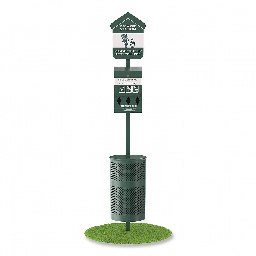 Pet Waste Station Starter Kit with Roll Bag Dispenser, Bags and Liners, 11.5 gal, Top Door, Green (FLO1RSGB)