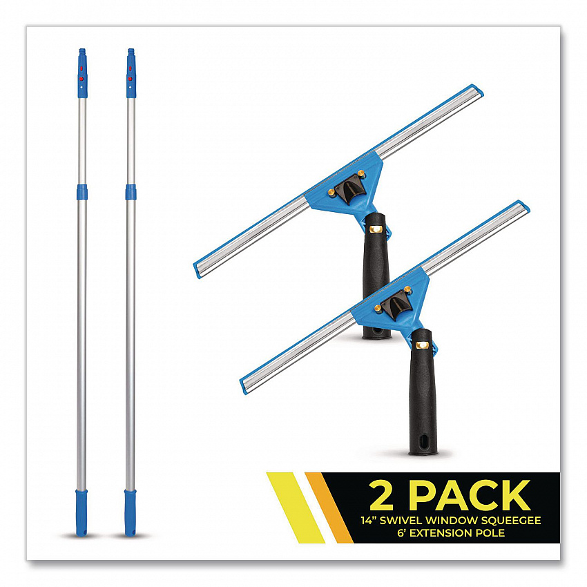 Pro Window Washing Kit with Swivel Squeegee and 6 ft Telescopic Pole, 14" Wide Blade, 2/Kit (GRI1306F142P)