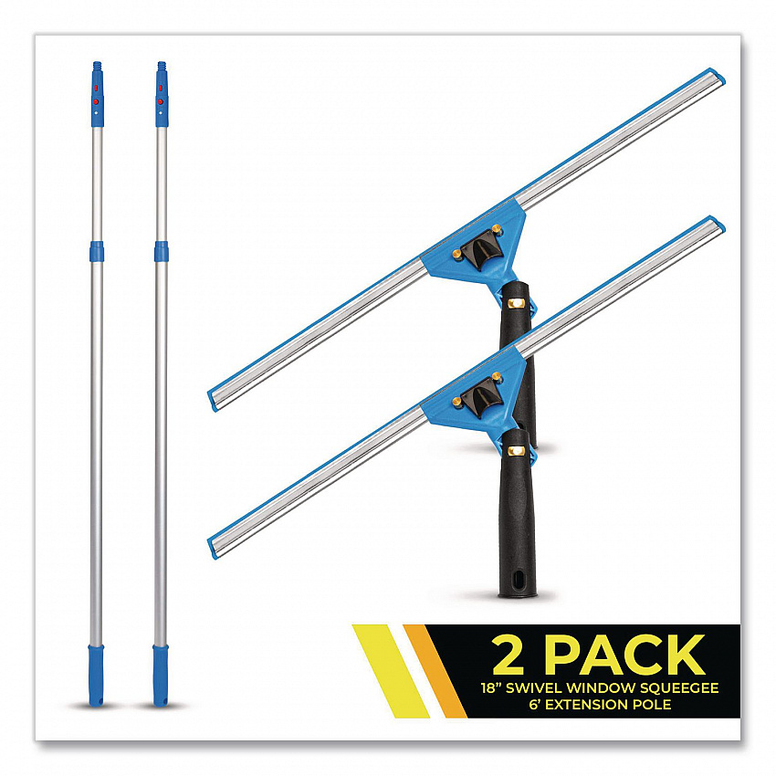 Pro Window Washing Kit with Swivel Squeegee and 6 ft Telescopic Pole, 18" Wide Blade, 2/Kit (GRI1306F182P)