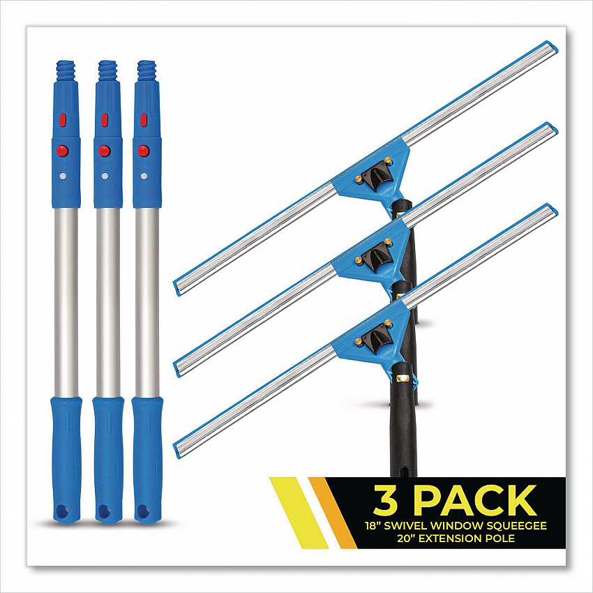 Pro Window Washing Kit with Swivel Window Squeegee and 20" Pole, 18" Wide Blade, 3/Kit (GRI131183PK)