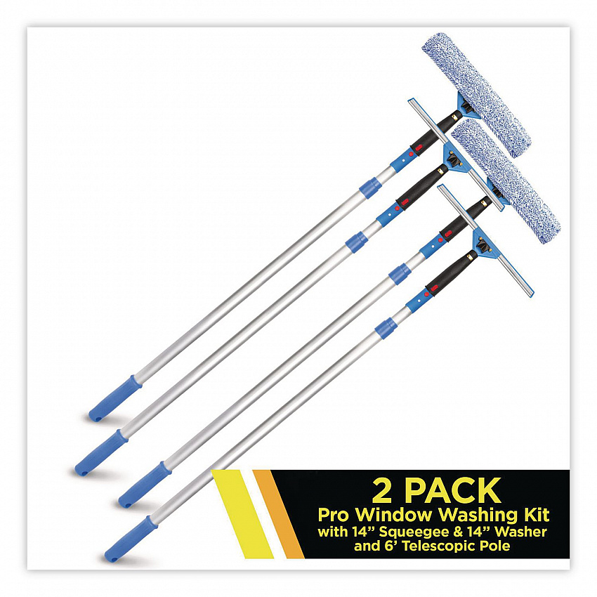 Pro Window Washing Kit with Squeegee, Washer and 6 ft Telescopic Pole, 14" Wide, 2/Kit (GRI1376F142P)